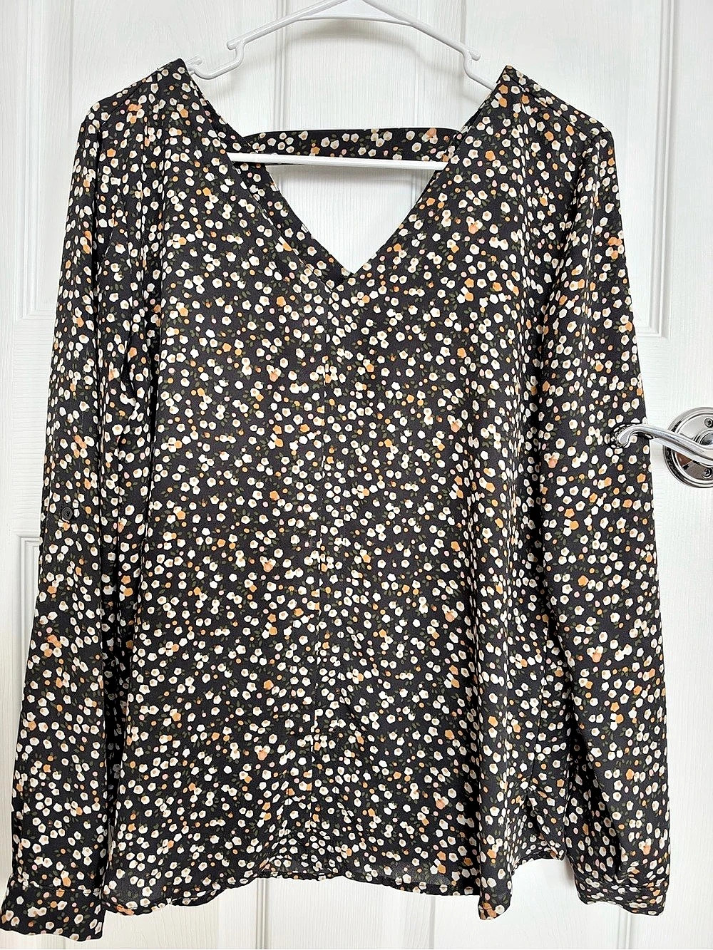 LOFT Floral V-Neck Long Sleeve Blouse in Black